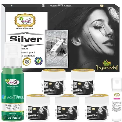 Sibley Beauty Facial Kit Combo Of Silver Facial Kit (165 Gm) Pack Of 6 With Neem Tulsi Tea Tree Oil Acne Face Wash (100 Ml) - For Men Women Boys Girls Oily Normal Dry Combination Skin-thumb0