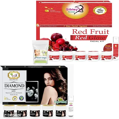 Sibley Beauty Red Fruit Red Glow Kit Combo Of Red Fruit Red Glow Facial Kit (340 Grams) Pack Of 7 With Diamond Facial Kit (165 G) Pack Of 6 - For Men Women Boys Girls Oily Normal Dry Skin Types