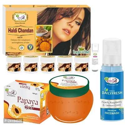 Sibley Beauty Haldi Chandan Facial Kit Combo With Haldi Chandan Instant Glow Facial Kit ( 155 Gm With 10 Ml) With Papaya Fruit Moisturizer Gel For Face (1 X 100 Gm) With Daily Fresh Face Wash (1 X 100 Ml)