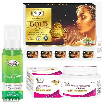 Sibley Beauty Facial Kit Combo With Radiant Gold Kesar Facial Kit (155 Gm With 10 Ml) With Haldi Chandan Skin Whitening Fairness Facial Cream (1 X 50 Gm) With Moisturizing Face Wash (1 X 100 Ml) Pack Of 8
