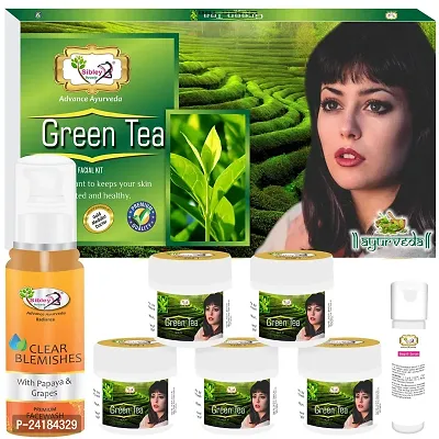 Sibley Beauty Facial Kit Combo Of Green Tea Facial Kit ( 165 Gm) Pack Of 6 With Papaya Anti Blemish Pigmentation Face Wash (100 Ml) - For Men Women Boys Girls Oily Normal Dry Combination Skin-thumb0