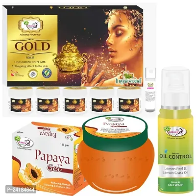 Sibley Beauty Radiant Gold Kesar Facial Kit Combo With Radiant Gold Kesar Facial Kit ( 155 Gm With 10 Ml) With Papaya Fruit Moisturizer Gel For Face (1 X 100 Gm) With Oil Control Face Wash(1 X 100 Ml)