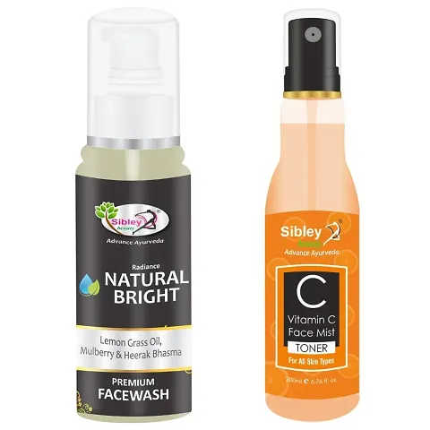 Sibley Beauty Natural Bright Face Wash (1 X 100 Ml) With Vitamin C Face Spray Mist Toner (1 X 200 Ml) - Pack Of 2 - Bright And Facial Glow, Soft, Oily Dry Normal Combination Skin, Men Women Girls Boys