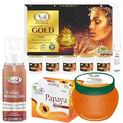 Sibley Beauty Radiant Gold Kesar Facial Kit Combo With Radiant Gold Kesar Facial Kit ( 155 Gm With 10 Ml) With Papaya Fruit Moisturizer Gel For Face (1 X 100 Gm) With Pore Minimizing Face Wash (1 X 100 Ml)