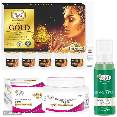 Sibley Beauty Radiant Gold Kesar Facial Kit Combo With Radiant Gold Kesar Facial Kit (155 Gm With 10 Ml) With Haldi Chandan Skin Whitening Fairness Facial Cream (1 X 50 Gm) With Acne Face Wash (1 X 100 Ml)