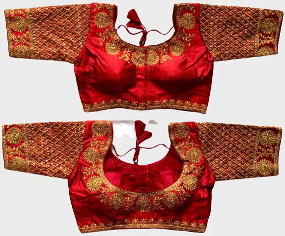 Pooja Creation Women's Heavy Hand Mayurpankh Embroidery Thread Stone Work Phantom Silk Readymade Blouse for Saree and Lehenga Choli
