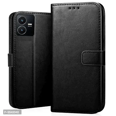 Vivo Y22 Flip Case Premium Leather Finish Flip Cover with Card Pockets Wallet StandVintage Flip Cover for Vivo Y22 - Black-thumb0