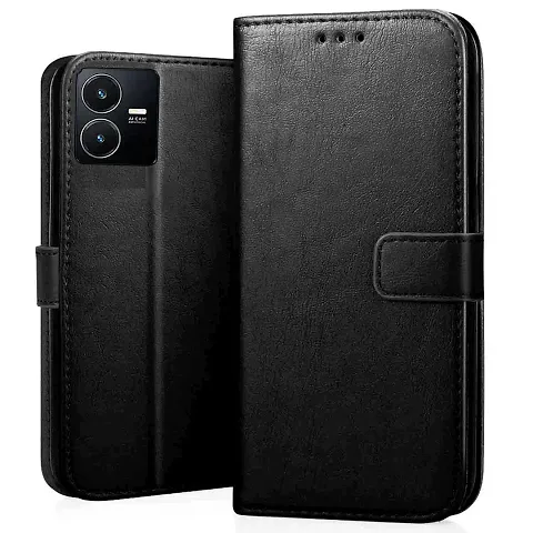 Vivo Y22 Flip Case Premium Leather Finish Flip Cover with Card Pockets Wallet StandVintage Flip Cover for Vivo Y22 - Black