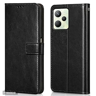 Realme C35 Flip Case Premium Leather Finish Flip Cover with Card Pockets Wallet StandVintage Flip Cover for Realme C35 - Black