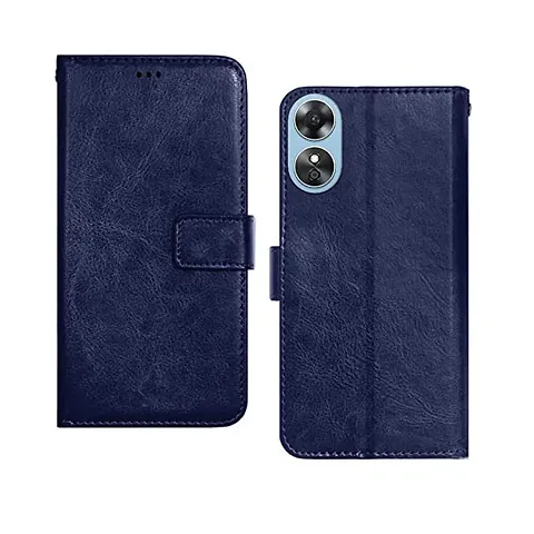 Oppo A17 Flip Case Premium Leather Finish Flip Cover with Card Pockets Wallet StandVintage Flip Cover for Oppo A17 - Blue