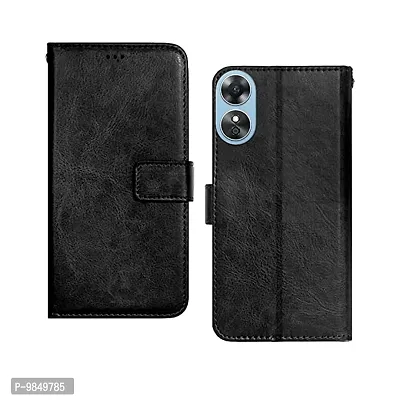 Oppo A17 Flip Case Premium Leather Finish Flip Cover with Card Pockets Wallet StandVintage Flip Cover for Oppo A17 - Black-thumb0