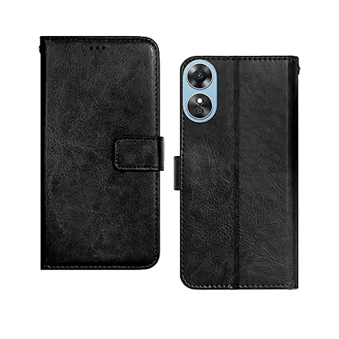 Oppo A17 Flip Case Premium Leather Finish Flip Cover with Card Pockets Wallet StandVintage Flip Cover for Oppo A17 - Black