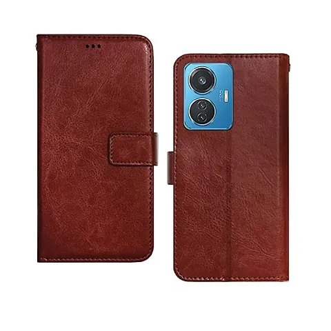 IQOO Z6 44W Flip Case Premium Leather Finish Flip Cover with Card Pockets Wallet StandVintage Flip Cover for IQOO Z6 44W - Brown