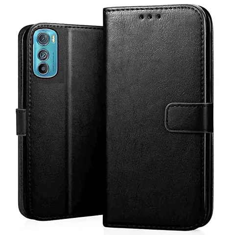 Moto Edge 30 Flip Case Premium Leather Finish Flip Cover with Card Pockets Wallet StandVintage Flip Cover for Moto Edge 30 - Black