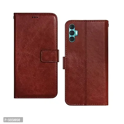 Tecno Spark 8 Pro Flip Case Premium Leather Finish Flip Cover with Card Pockets Wallet StandVintage Flip Cover for Tecno Spark 8 Pro - Brown-thumb0