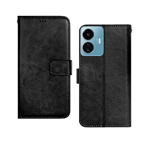 IQOO Z6 Lite 5G Flip Case Premium Leather Finish Flip Cover with Card Pockets Wallet StandVintage Flip Cover for  IQOO Z6 Lite 5G - Black