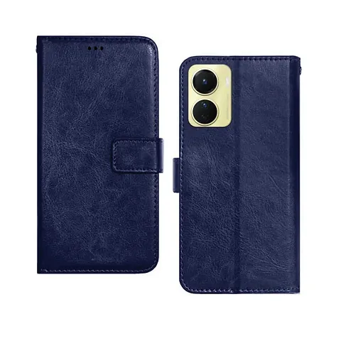 Vivo Y16 Flip Case Premium Leather Finish Flip Cover with Card Pockets Wallet StandVintage Flip Cover for Vivo Y16 - Blue