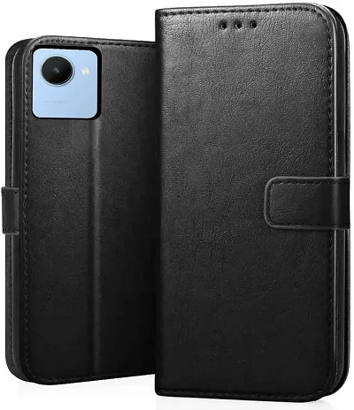 Realme C30 Flip Case Premium Leather Finish Flip Cover with Card Pockets Wallet StandVintage Flip Cover for Realme C30 - Black