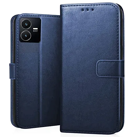 Vivo Y22 Flip Case Premium Leather Finish Flip Cover with Card Pockets Wallet StandVintage Flip Cover for Vivo Y22 - Blue