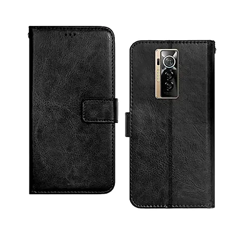 Tecno Phantom X Flip Case Premium Leather Finish Flip Cover with Card Pockets Wallet StandVintage Flip Cover for Tecno Phantom X - Black