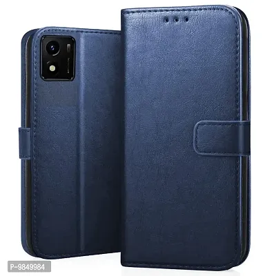 Premium Leather Finish Flip Cover with Card Pockets Wallet StandVintage Flip Cover for Vivo Y15s 2022 /Vivo Y01 - Blue