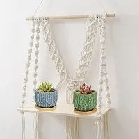 DONA V HANGING Cotton Macrame Wall Hanging Shelf Wood  Finish Set of 1 MADE IN INDIA-thumb2