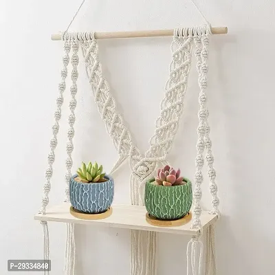 DONA V HANGING Cotton Macrame Wall Hanging Shelf Wood  Finish Set of 1 MADE IN INDIA-thumb3