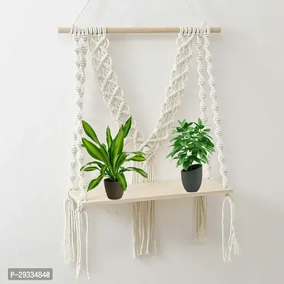 DONA V HANGING Cotton Macrame Wall Hanging Shelf Wood  Finish Set of 1 MADE IN INDIA-thumb2