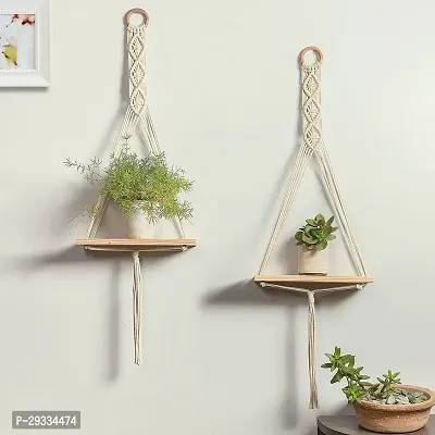 RING WALA Macrame Wall Shelf Pure Cotton Cord Pine Wooden Hanging Floating Shelves-thumb0