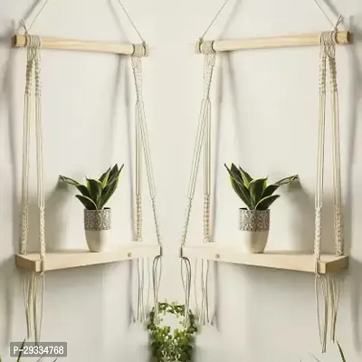 2 WALL SHNG Macrame Indoor Wall Hanging Shelf Chic Decor Wood Floating Boho Shelves-thumb0