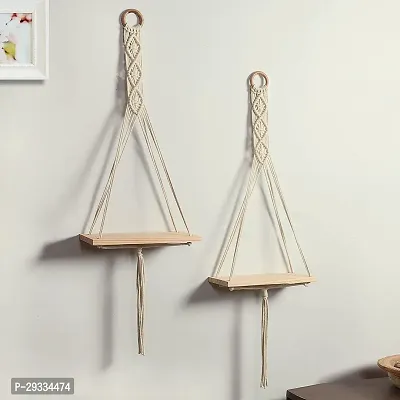 RING WALA Macrame Wall Shelf Pure Cotton Cord Pine Wooden Hanging Floating Shelves-thumb3