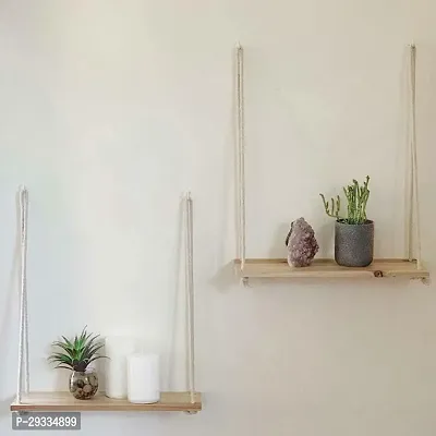 2 DOL HHNG Macrame Wall Hanging Shelf Wood Floating  White  Pack OF  2-thumb2