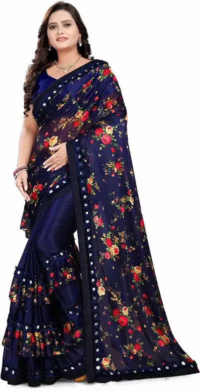 Lycra Printed Half  Half Ruffle Sarees with Blouse piece