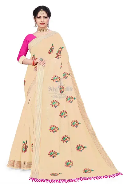 Elegant Linen Embroidered Women Saree with Blouse piece