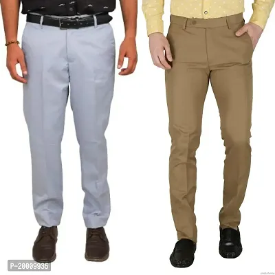 Stylish Multicoloured Polyester Blend Solid Trousers For Men Combo Of 2