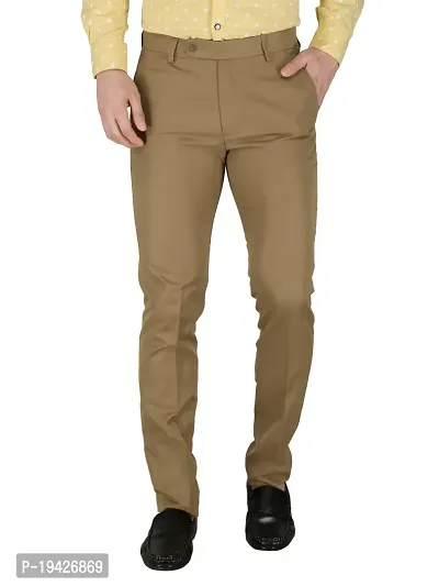 Reliable Khaki Polyester Blend Solid Formal Trousers For Men