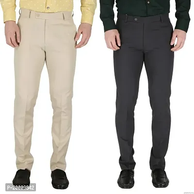 Stylish Multicoloured Polyester Blend Solid Trousers For Men Combo Of 2-thumb0