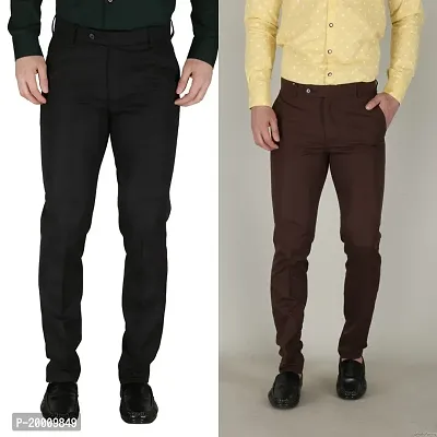 Stylish Multicoloured Polyester Blend Solid Trousers For Men Combo Of 2-thumb0