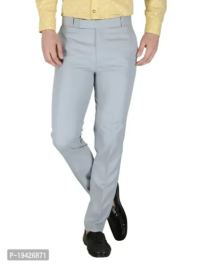 Reliable Grey Polyester Blend Solid Formal Trousers For Men
