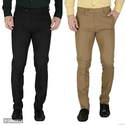 Stylish Multicoloured Polyester Blend Solid Trousers For Men Combo Of 2