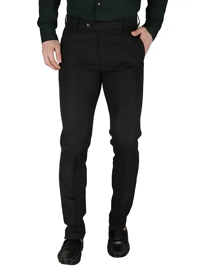 Reliable Black Polyester Blend Solid Formal Trousers For Men