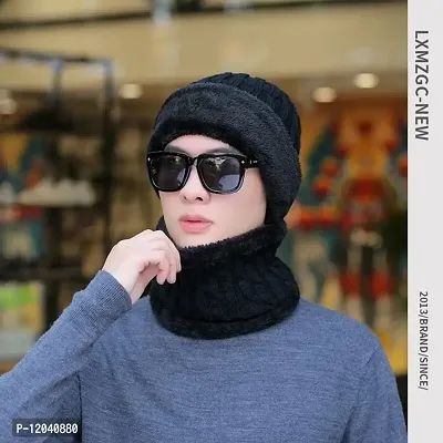 New Variety Store? Men/Gentlemen Velvet Thick Knitted Earmuff Neck Wool hat Outdoor Middle-Aged and Elderly Rabbit Plush Cold-Proof Cap Black Color-thumb2