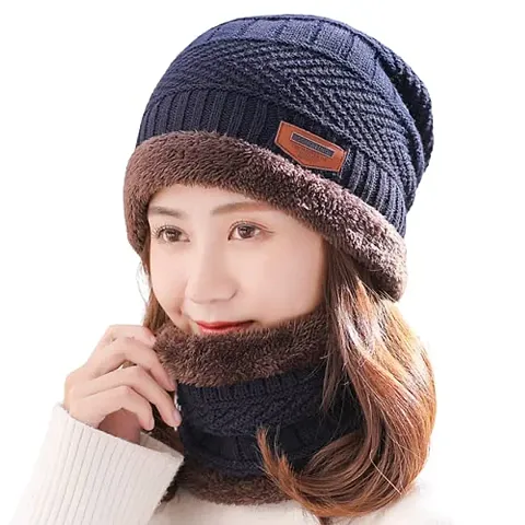 Dressify? Autumn and Winter Wool Hats/Cap Set for Men and Women Two-Piece Knitted Hats Scarf Plus Fleece Wool Hats Ear Protection Hats Color