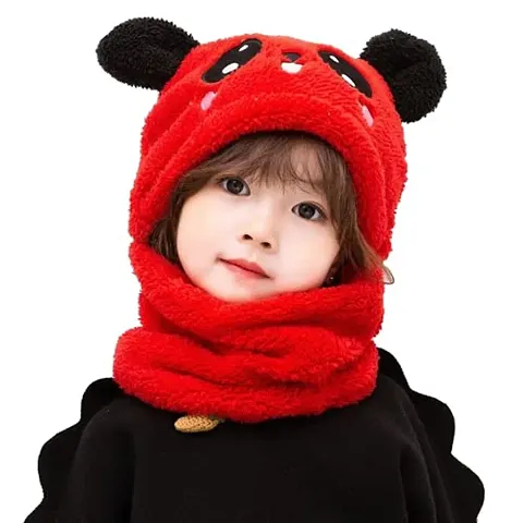 Cute Cartoon Monkey Cap for Girls and Boys (Pack of 1) Age - Years to 12 Years Free Size Plush Wool Winter Cap Neck Scarf (Red Color)