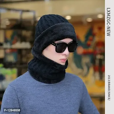 New Variety Store? Men/Gentlemen Velvet Thick Knitted Earmuff Neck Wool hat Outdoor Middle-Aged and Elderly Rabbit Plush Cold-Proof Cap Black Color-thumb3