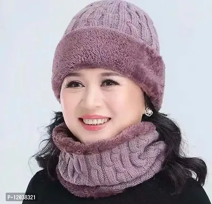 New Variety Store? Ladies/Women Velvet Thick Knitted Earmuff Neck Wool hat Outdoor Middle-Aged and Elderly Rabbit Plush Cold-Proof Cap Light Purple Color-thumb2