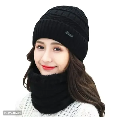 Trickey Shopper? 2 in 1 Knitted Pullover Cap Men's I Boy's Ear Protection Outdoor Wool Warm Windproof hat/Cap with Scarf Black Color