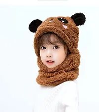 Tricky Shopper? Cute Panda Cartoon Monkey Cap for Girls and Boys (Pack of 1) | Age - 6 Years to 12 Years |Free Size | Plush Wool | Winter Cap | Neck Scarf (Brown Color)-thumb2