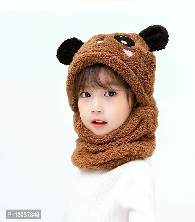 Tricky Shopper? Cute Panda Cartoon Monkey Cap for Girls and Boys (Pack of 1) | Age - 6 Years to 12 Years |Free Size | Plush Wool | Winter Cap | Neck Scarf (Brown Color)-thumb3