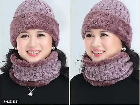 New Variety Store? Ladies/Women Velvet Thick Knitted Earmuff Neck Wool hat Outdoor Middle-Aged and Elderly Rabbit Plush Cold-Proof Cap Light Purple Color-thumb4